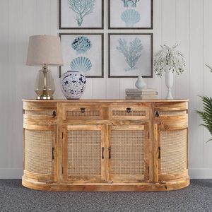 Large Coastal Boho Farmhouse Rustic Antique Rattan <b>Sideboard</b> Credenza with 4 Drawers for <b>Kitchen</b> Dining Living Room Storage - Product Image 2