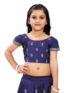 Shoryam Fashion Robe traditionnelle indienne pour enfants, imprimé bleu métallisé, Lehenga longueur ras du sol, Choli à manches bouffantes, tenue de fête pour filles - Product Image 5