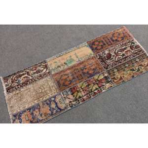 Tapis en laine beige bohème écoresponsable fait main 2,1 x 5 pieds, design patchwork classique turc à poils moyens pour salle à manger, en latex - Product Image 2
