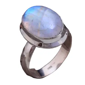 Blue Flashy Cincin 925 Sterling Silver Cabochon, Batu Permata Pelangi Moonstone Biru, Perhiasan Buatan Tangan Online Grosir