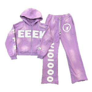 High Quality Acid Wash Mens Tracksuit Custom Print 500 Gsm Plus Size Cropped Pullover Hoodie and Sweatpants Set Tracksuits - Product Image 1