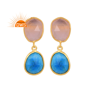 Meilleure vente argent sterling plaqué or naturel Rose calcédoine & Turquoise Matrix pierre précieuse dangle boucle d'oreille fabricant de bijoux - Product Image 1