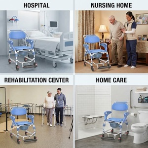 Chaise de toilette médicale robuste en aluminium avec roulettes, avec seau, accoudoirs rabattables et repose-pieds, certifiée CE - Product Image 3