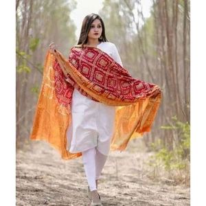 Châle ethnique en satin brodé Gharchola Bandhej de haute qualité, multicolore, en soie et dentelle bleue, idéal pour la saison hivernale - Product Image 4