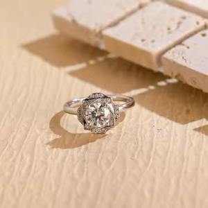 Anillo de compromiso de diamante cultivado en laboratorio de corte redondo de oro sólido de 14K, anillo de promesa Floral único, regalo de aniversario de boda para mujer - Product Image 1