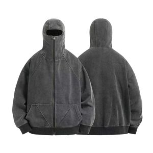 Heavyweight 100% algodón sudaderas con capucha de gran tamaño pulóver máscara pesada ropa de calle gruesa con cremallera cara cubierta lavada Sudadera con capucha C sudaderas con capucha sólidas - Product Image 3