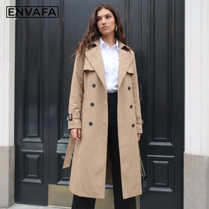 ENVAFA Women's <b>Long</b> Woven Trench <b>Coat</b> Double Breasted Windproof Casual Outerwear Full Sleeve Solid Color <b>Summer</b> Wear - Product Image 2