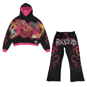 Ensemble de survêtement unisexe décontracté en molleton léger 100 % coton brodé effet vieilli pour l'hiver – Hoodie et pantalon de sport - Product Image 1