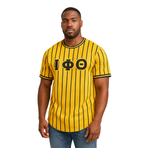 Iota Phi Theta Gold Pinstripe Pullover Camiseta de béisbol 100% Poliéster Malla Fraternidad Camiseta con apliques bordados Logos - Product Image 1