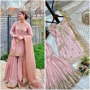 Puro Chinon seda bordado Sharara Kameez con Net Dupatta alta calidad Readymade venta al por mayor tarifas baratas - Product Image 1