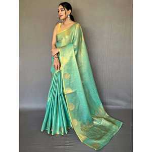 Sari de mariage en soie tissée turquoise glamour avec chemisier pour votre jour spécial - Product Image 3