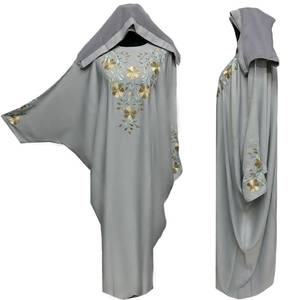 Robe Abaya en Soie Brodée à la Main pour Femmes Anti-Ride Gris XXL Longue Farasha Jalabiya pour Adultes Style Plissé de Dubaï - Product Image 1