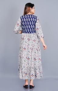 Bata con volantes de Reyon, ropa emparejada con chaqueta con estampado de bloque de trabajo hecho a mano, colección de vestidos largos de tusle de royal export - Product Image 4