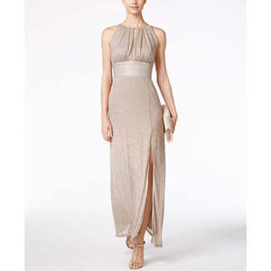 Abito da sera R&M Richards da donna in maglia metallizzata color oro con scollo all'americana e dettaglio a goccia in chiffon, vita naturale, taglia 8 - Product Image 1