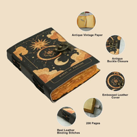 Carnet Grimoire en Cuir Imprimé Soleil et Lune, Livre de Sortilèges Mystiques, Ombres, Fait Main, Magique, Noël, Wicca, Rituels de Sorcellerie