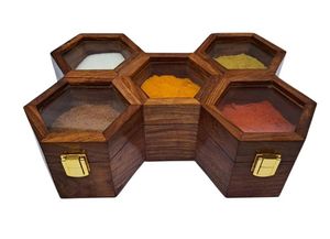 Boîte à épices en bois de forme ronde faite à la main pour cuisine et restaurant dernière boîte Masala avec support à épices pour l'Inde - Product Image 3