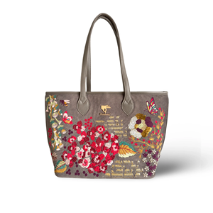 Sac fourre-tout pour ordinateur portable en cuir végétalien pour femme, style bohème, ouvert, avec fermeture à crochet, gris uni, résistant à l'eau, broderie, toutes saisons - Product Image 1