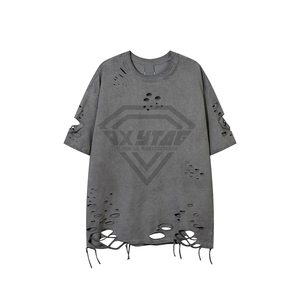Nueva ropa de calle, camisetas de gran tamaño con hombros caídos para hombre, camiseta de manga corta con cuello simulado Vintage desgastada con lavado ácido - Product Image 4