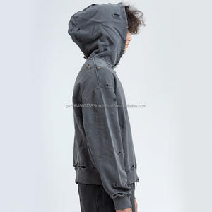 Sweat-shirts à capuche sans cordon avec ourlet coupé, broderie appliquée vieillie personnalisée, style urbain, 100% coton, délavage à l'acide léger - Product Image 4