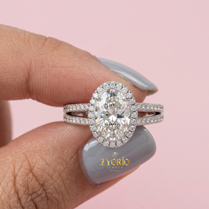 Anillo de Compromiso con Halo de Corte Ovalado, Plata de Ley 925, Anillo de Diamantes Cultivados en Laboratorio, Anillo de Doble Banda con Pavé, Anillo de Promesa Nupcial para Mujer - Product Image 1
