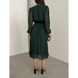 ชุดเดรสยาวปานกลางแบบคอปกคู่ รุ่น Kadin sifon Kumas Astali Klos Kesim Kruvaze Yaka Midi Boy Elbise, 25583 - Zumrut - Product Image 3