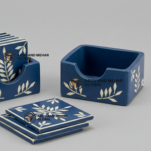 Proveedor Indio Ofrece Juego de Posavasos de Lujo Cuadrados de 3 mm de Grosor con Incrustaciones de Hueso Azul y Blanco Hechos a Mano, Posavasos con Diseño Floral - Product Image 2