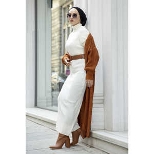 Vestido Hijab Ajustado de Cuello Alto Tejido a Crochet, Estilo Sencillo y Modesto en Color Crudo, Hecho de Lana de Cachemira para Damas de Oficina, Vestido Casual de Invierno - Product Image 6
