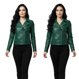 All Season Green Leather Motorcycle Jacket Women Custom Service Bulk Quantity Wholesale Factory Genuine Leather Biker Style - Product Image 1