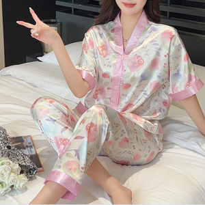 STITCHMODE <b>Women's</b> Sleepwear 3XL Woven <b>Satin</b> Silk Elegant Pajamas Korean Kimono V-neck Short Sleeve <b>Trousers</b> 2 Pieces Luxury - Product Image 5