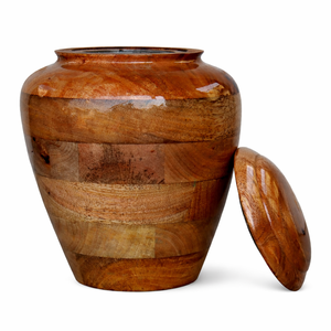 Urne funéraire en bois naturel multi-tones avec corps arrondi lisse, couvercle amovible et forme commémorative élégante - Product Image 1