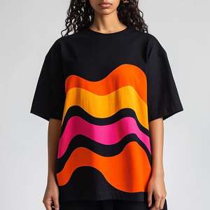 T-shirt d'été oversize en coton doux imprimé de vagues abstraites, col rond, épaules tombantes, demi-manches, noir, décontracté pour femmes - Product Image 3