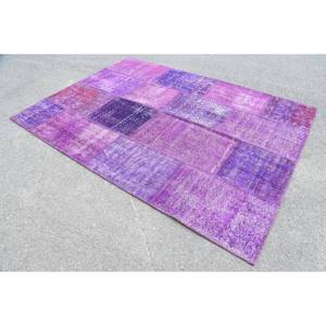 Alfombra turca Vintage moderna de 5,6x7,9 pies, diseño de retales púrpura y negro, Material de lana y algas marinas para uso en la sala de estar del hogar - Product Image 2