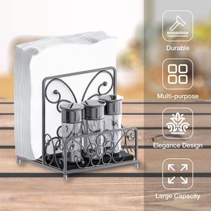 Caddy de mesa, servilletero de alambre de metal negro con 3 condimentos de vidrio/Salero y pimentero - Product Image 3