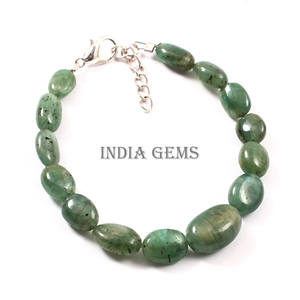 Emerald <b>Beads</b> Plain Tumble <b>Beads</b> <b>Bracelet</b> Beaded Gemstone Silver Jewelry Adjustable Emerald <b>Bracelet</b> 9"Inch natural good quality - Product Image 1