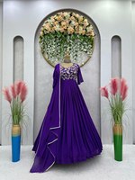 Sari en soie longue de style indien et pakistanais, col rond, design élégant, uni, avec travail au sol, salwar pour femmes