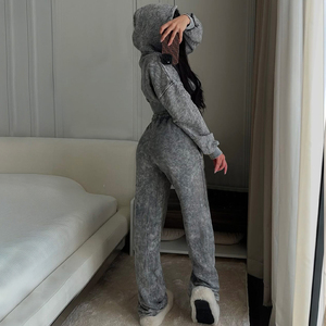 Survêtement personnalisé avec logo OEM, survêtement pour femme en coton délavé à l'acide, pantalon large ajusté, pull, vêtements de détente - Product Image 2