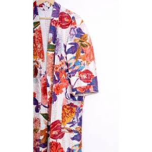 Robe Kimono en Coton Matelassé Kantha à Motifs Floraux Élégants Grande Taille Haute Qualité pour Automne, Été, Printemps, Vêtement de Nuit et de Bain - Product Image 4