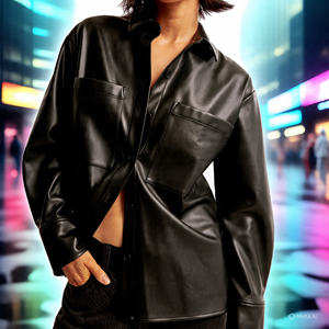 PU Leather <b>Shirt</b> <b>Women</b> Letterman Button up Oversize Long Sleeve Letterman Fashion Leather <b>Shirt</b> Ladies - Product Image 6