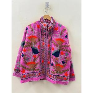 Orchid Pink Anaar Bloom Varsity Style Suzani Hand-Embroidered Velvet <b>Jacket</b> for Spring for Rust Sage & Indigo Florals Outerwear - Product Image 2