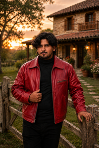 Veste moto en cuir véritable rouge pour homme, col montant, fermeture éclair, coupe classique, pour l'automne - Product Image 6