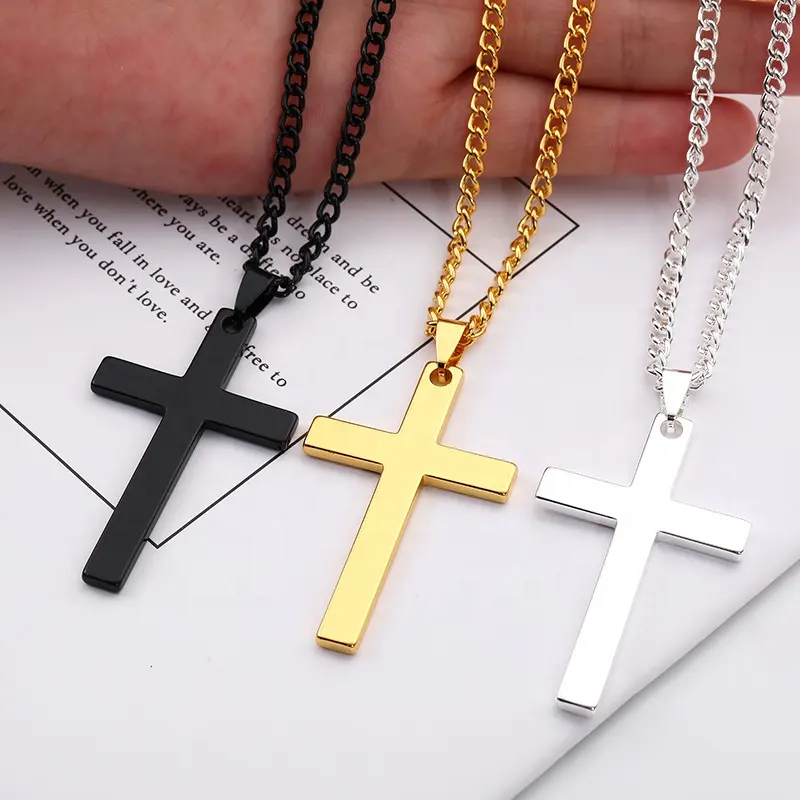 Grand collier pendentif croix en acier titane pour hommes adolescents garçons bijoux trois couches jésus croix Crucifix colliers avec boîte chaîne