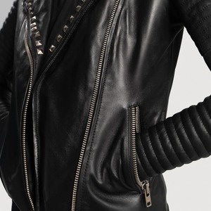Studded Black Leather <b>Bomber</b> <b>Jacket</b> Genuine Outerwear Fashion Designer Autumn Winter Breathable Cotton Filled Custom Logo - Product Image 5