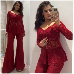 Conjunto de Salwar Kameez de Tres Piezas Rojo Sexy para Mujer, Diseño 2025, Top de Manga Larga con Malla Calada, para Fiestas de Otoño, Estilo Bollywood, Secado Rápido - Product Image 2