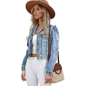 Paola Riboni Women's <b>Denim</b> <b>Jacket</b> Light Wash <b>Crop</b> Fit Vintage Style Full Sleeve Blue Distressed Jeans <b>Jacket</b> - Product Image 1