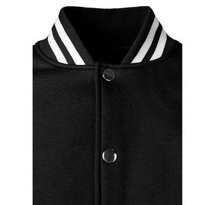 Veste universitaire personnalisée, corps noir, manches blanches, veste de baseball unisexe, col et poignets côtelés rayés, ourlet à boutons-pression - Product Image 4