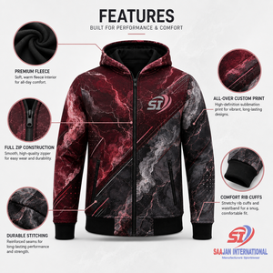 Sweat à capuche zippé intégral bordeaux pour homme avec logo personnalisé sur le devant, poches, motif 3D, 100 % coton, coupe-vent, anti-boulochage, hiver - Product Image 6
