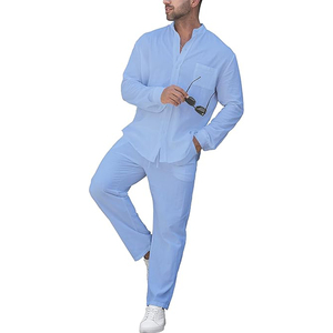 Men's High Quality Summer Outfits Long Sleeve Button <b>Down</b> Shirt and Loose <b>Pants</b> 2 Piece Yoga Set Wholesale - Product Image 6