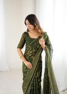 Saree lourd Georgette à la mode de concepteur de couleur verte avec chemisier fantaisie ethnique pour les femmes mariée fête mariage indien Festival porter - Product Image 4