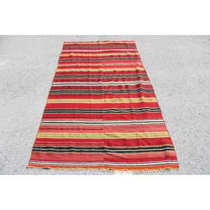 พรมวินเทจตุรกี ขนาด 4.1x7.9 ฟุต พรมคิลิม สีแดงดำลายดอกไม้ ทำจากขนสัตว์ - Product Image 1