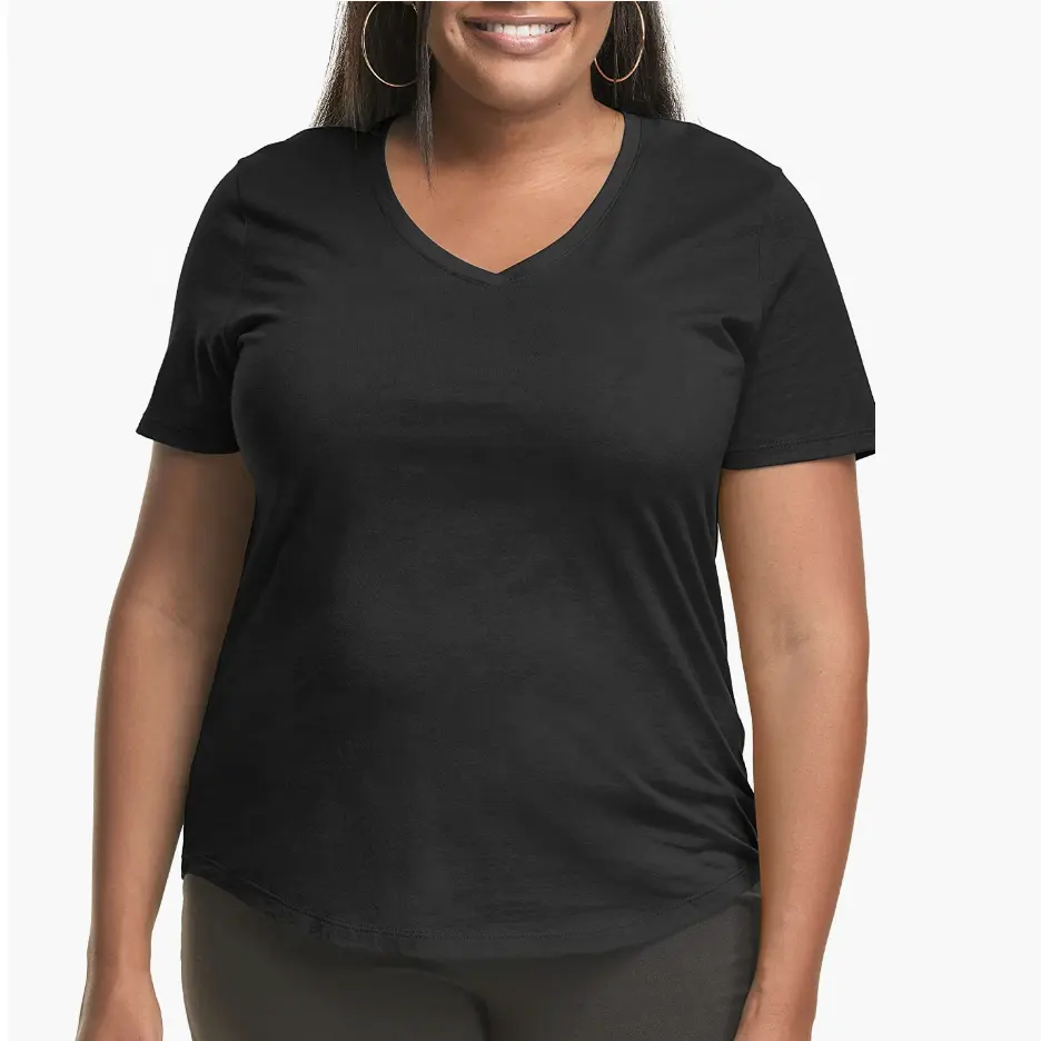 नई प्रवृत्तियों प्लस आकार महिलाओं कपास पहनने के लिए तैयार ढीला फिट वी गर्दन टी शर्ट कपड़े